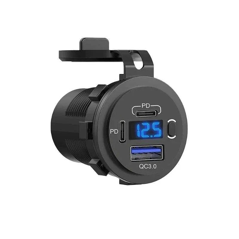 Bluejw Dual USB Quick Charge 3.0 Car Charger with PD USB-C, On/Off Switch, Voltmeter & Blue Light + Wireless Charger Adapter (12V, 220V) - Automobile Chargers - Image 1